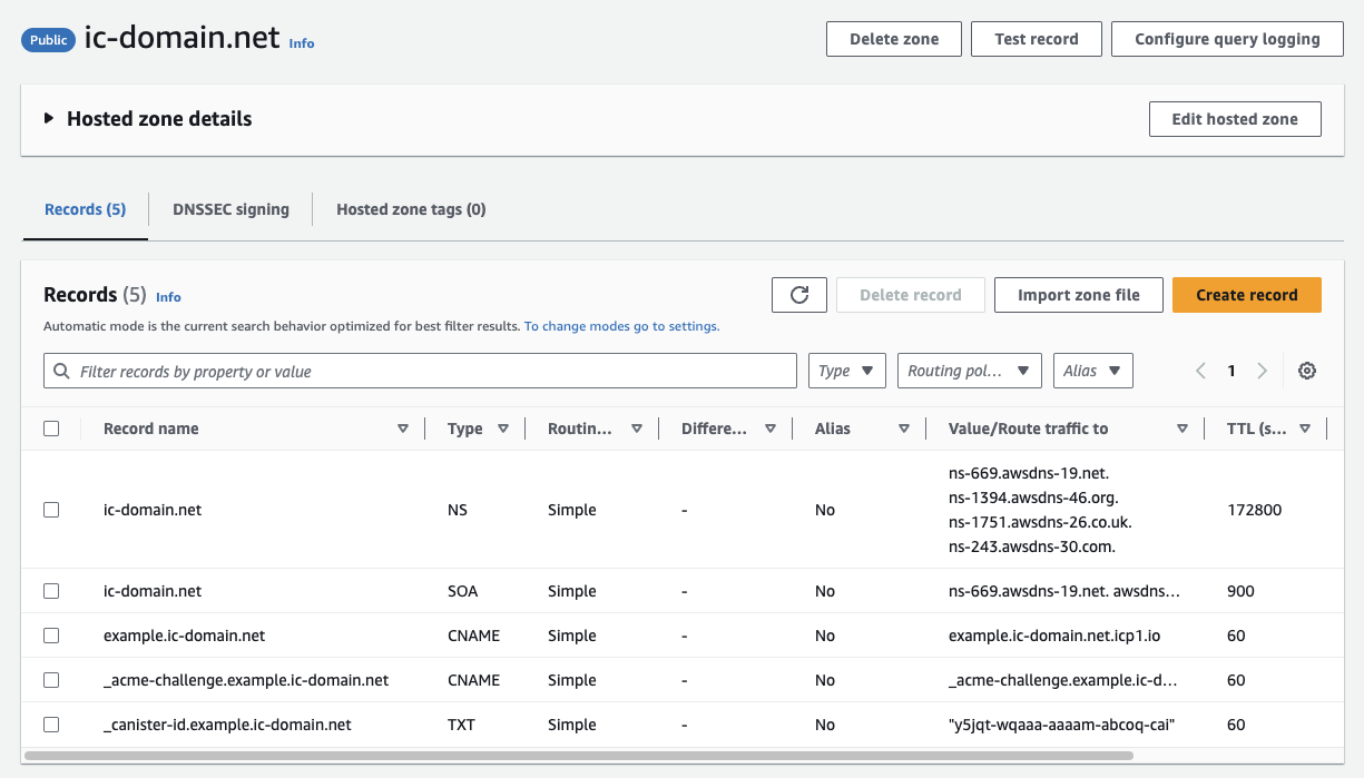 DNS Configuration for `example.ic-domain.net` on Amazon Route 53